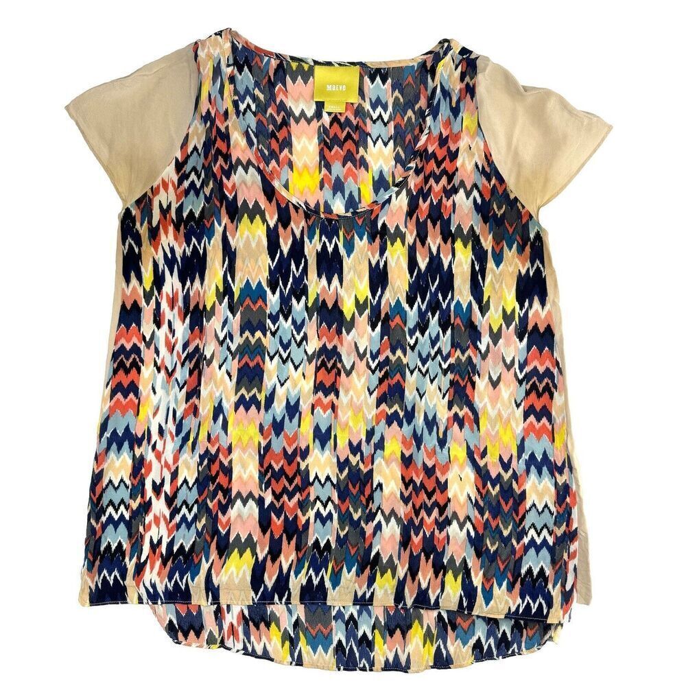 Anthropologie Maeve Silk Top Blouse Womens Sz S Multicolor Short Sleeves Aztec